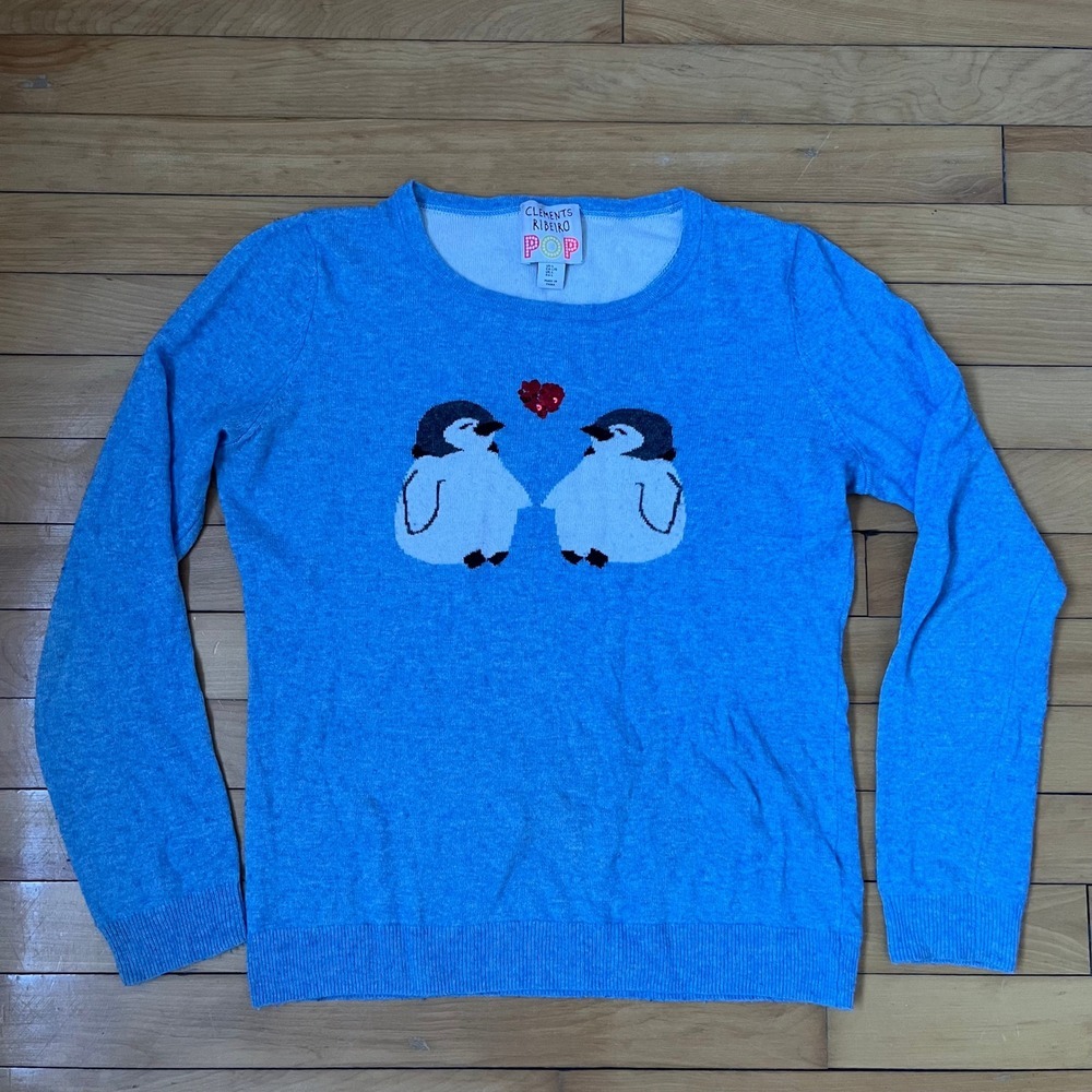 Clements Ribeiro POP Blue Penguin Sequin Heart Lambswool Cashmere Sweater Large